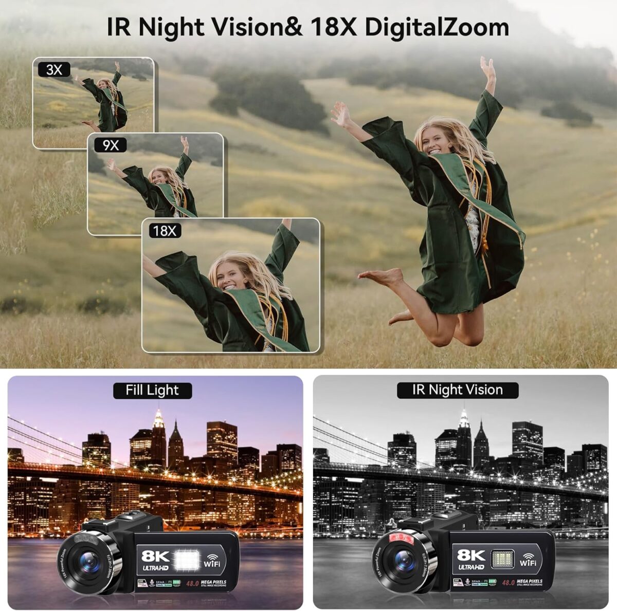 Video Camera, 8K Camcorder 48MP 15FPS UHD WiFi Vlogging Camera with IR Night Vision for YouTube, 3" Touch Screen 18X Digital Zoom,