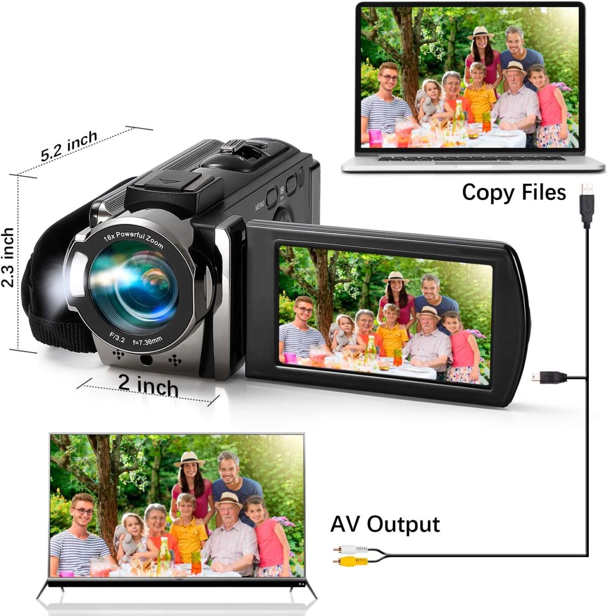 kimire Video Camera Camcorder Digital Camera Recorder Full HD 1080P 15FPS 24MP 3.0 Inch 270 Degree Rotation LCD 16X Digital Zoom Camcorder Camera